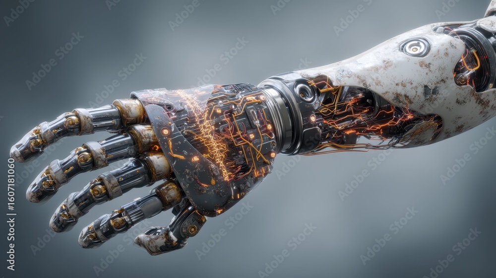 Poster cybernetic arm with malfunctioning features and visible errors