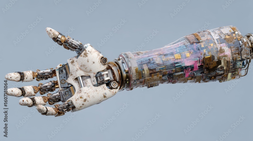 Poster detailed cybernetic arm with malfunctions and visible errors