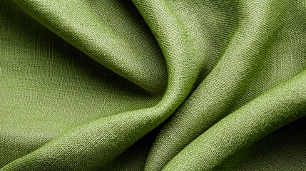 Olive green fabric with fine weave texture and soft folds creating natural and elegant textile appearance