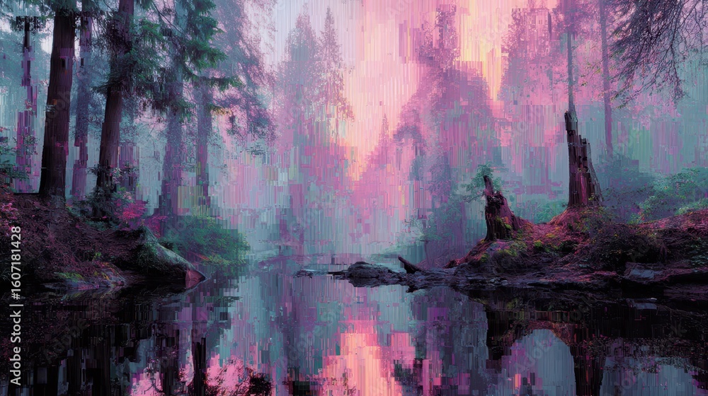Poster digital forest scene with corrupted overlays and error effects