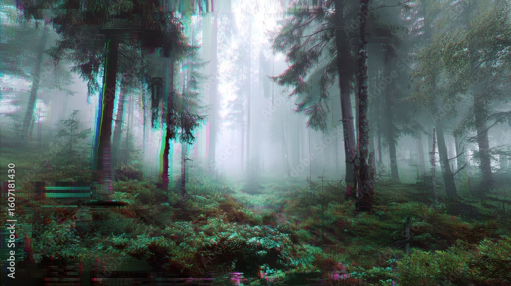 Poster digital forest scene with corrupted overlays and error effects