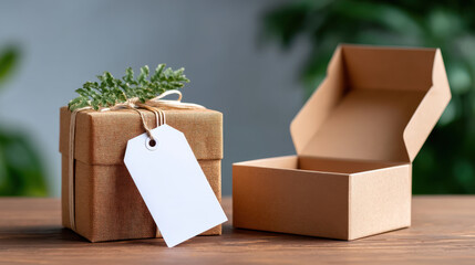 Beautifully wrapped gift box with natural twine bow and blank tag sits on wooden table, accompanied by open box. greenery adds touch of elegance to presentation