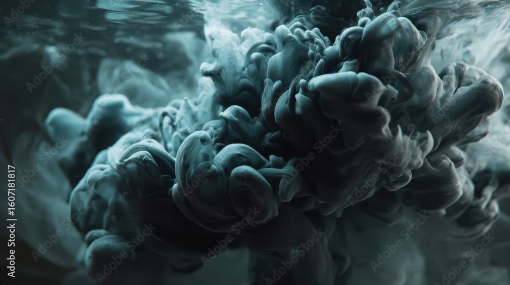 Poster dramatic swirling ink drop in dark water creating unique patterns