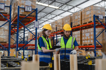 Male and female engineers analyzing automotive components in organized warehouse logistics center...