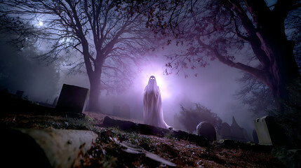 Ghostly Figure in Foggy Graveyard at Night