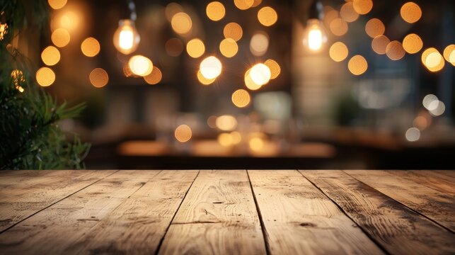 A wooden table with a blurred background of a restaurant with string lights and a Christmas tree.