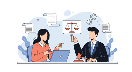Legal professionals collaborating on important justice matters advised by scales of justice symbol understanding case details