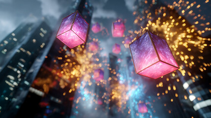 Glowing Pink Purple Cubes Floating Above Futuristic City at Night
