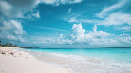 A serene beach scene with white sand, turquoise water, and a blue sky with fluffy white clouds.