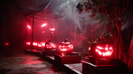 Glowing Red Jack o' Lanterns in a Spooky Nighttime Setting