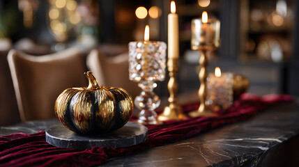 Gold and Black Pumpkin Decor with Candles on Dark Marble Table
