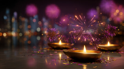 Golden Candles and Purple Fireworks at Night