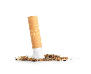 Cigarette butt with ash isolated on white
