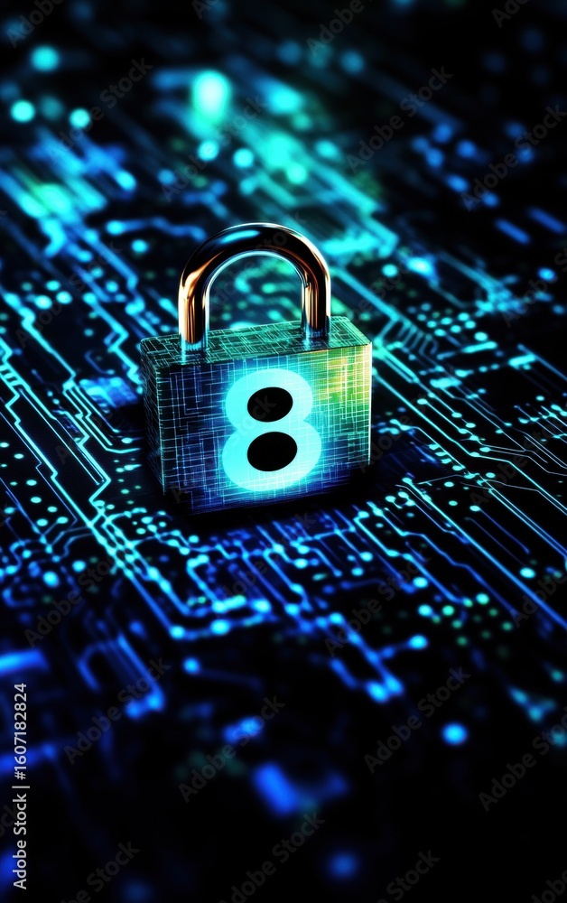 Poster digital security concept: padlock with number 8 on circuit board over glowing abstract electronic