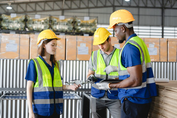 Multiracial warehouse team discussing inventory and logistics strategy during morning briefing with digital tablets and checklists.