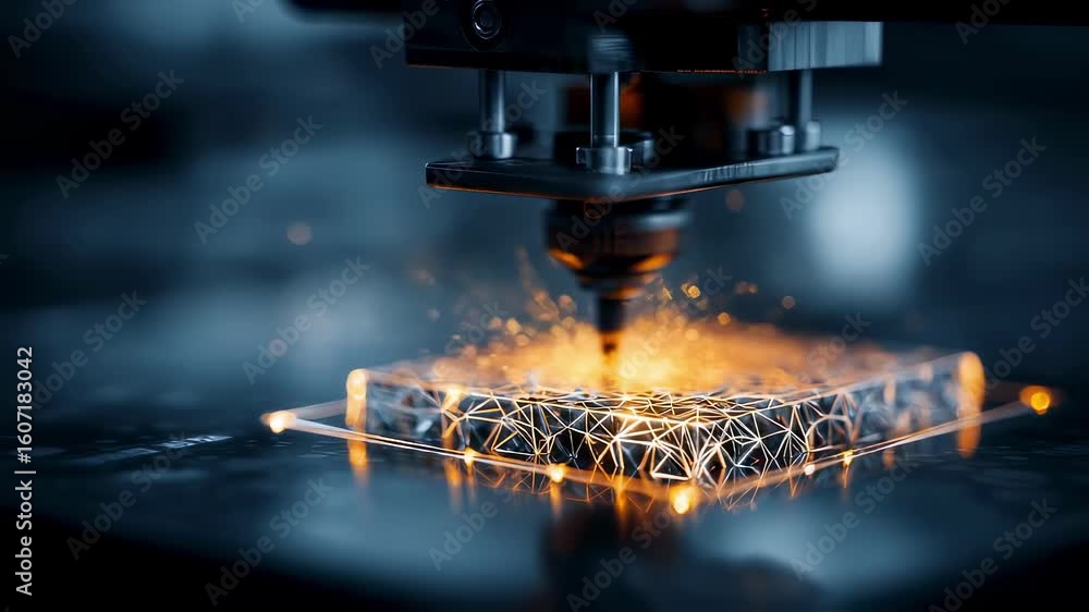 Poster advanced industrial 3d printer creating a complex geometric object layer by layer, emitting sparks a