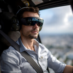 Man Wearing VR Goggles Piloting a Helicopter Over a City