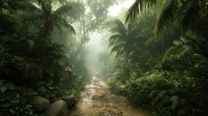 Dusty Trail Cutting Through Dense Jungle Lush with Vegetation