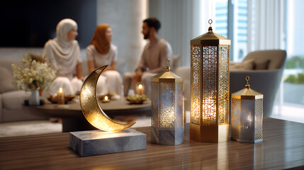 Muslim Family Gathering during Ramadan Warm Evening in Modern Living Room