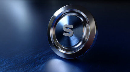 Metallic Circular Object with Letter S on Dark Blue Background