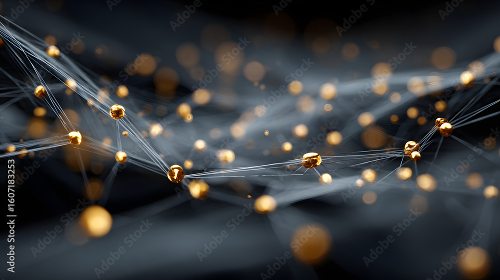 Poster abstract network connection background with golden nodes and lines for technology design 100