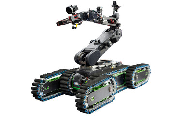 Bomb detection and disposal robot used for pyrotechnic operations and reconnaissance, chemical detection and rescue operations, manipulator with extendable arm.