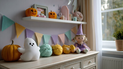 Pastel Halloween Decor in Child's Room Pumpkins, Ghost, and Witch Doll on Dresser