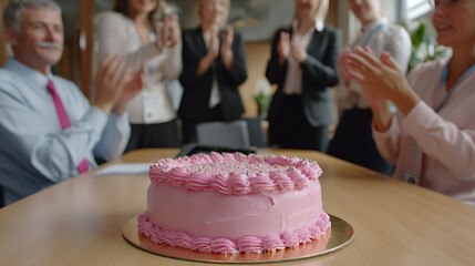 Pink Birthday Cake at an Office Celebration