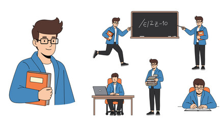 A young male student engages in various academic activities illustrating student life and learning experiences