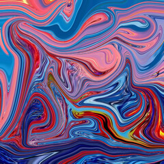 Abstract fluid art in vivid red, blue, and pink tones. Swirling textures create energetic motion and artistic chaos. Perfect for digital art projects.