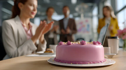 Pink Birthday Cake at Office Celebration with Colleagues