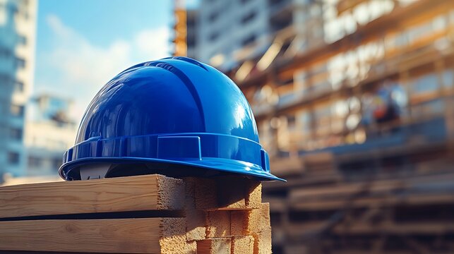Blue hard hat sitting on stacked lumber at a construction site under a partly cloudy sky outdoors