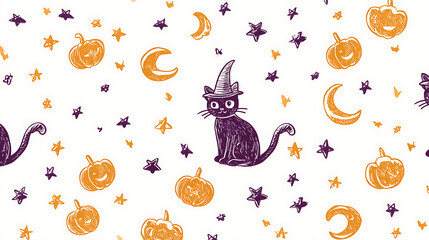Playful Halloween Pixel Art Seamless Pattern with Black Cat Pumpkins Moons and Stars