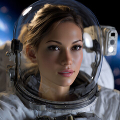 Portrait of a Female Astronaut in a Spacesuit Against a Dark Space Background