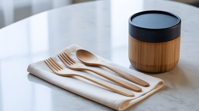 Elegant Bamboo Utensils Minimalist Table Setting - Powered by Adobe
