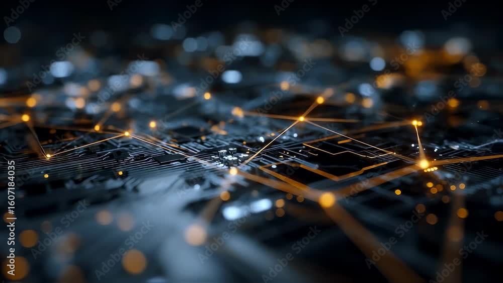 Poster complex electronic circuit board showing data transferring, creating a futuristic technological netw