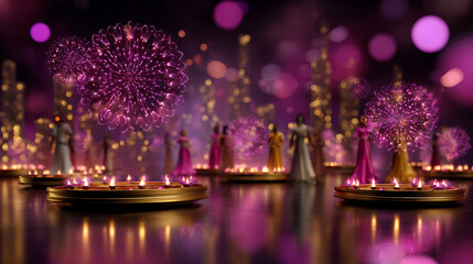Purple Fireworks and Golden Cityscape at Night