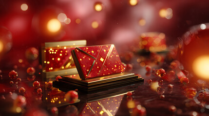 Red and Gold Glittering Gift Envelopes on Dark Background