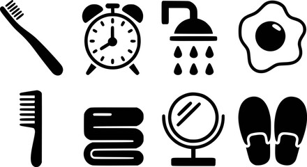 Toothbrush alarm clock shower fried egg comb towel mirror slippers vector