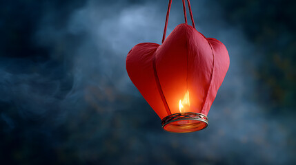 Red Heart Shaped Lantern Glowing in Smoky Dark Background