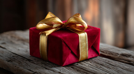 Red Velvet Gift Box with Gold Ribbon on Wooden Surface