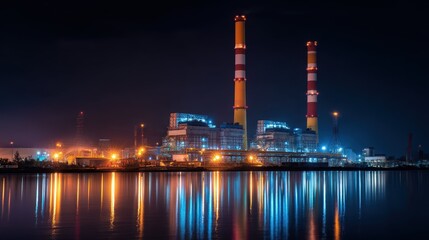 Obraz premium Electric Power Plant at Night with Reflections on Water Surface