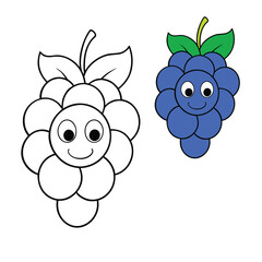 A detailed coloring page featuring a bunch of dark black grapes with leaves, perfect for adding rich shades and exploring the beauty of this luscious fruit cluster.
