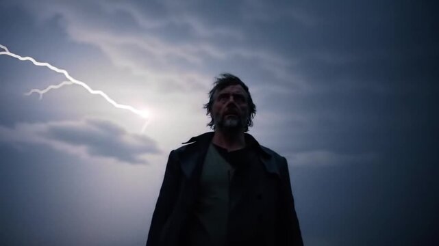 A dramatic silhouette of a man in a suit standing against a stormy sky, lightning striking in the distance, surreal cloud formations, cinematic lighting, moody atmosphere, ultra-realistic, high contra