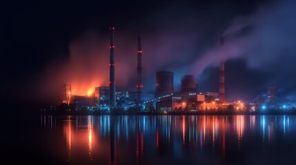 Night View of Electric Power Plant with Illuminated Smoke Stacks