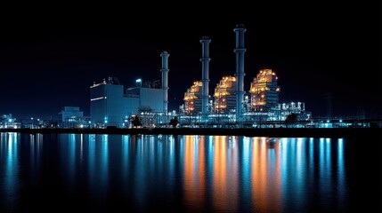 Electric Power Plant at Night with Reflections on Water Surface