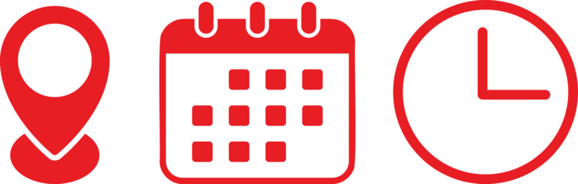 time location calendar icon set. clock sign. location pin signs. Calendar icon symbol.  Color business schedule and office time clock

