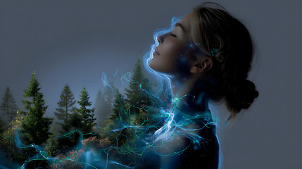 Serene Woman and Forest Landscape A Mystical Portrait