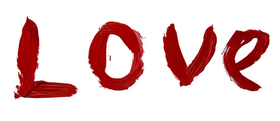 Red brushstrokes spelling LOVE, transparent backdrop highlighting emotional intensity of artistic typography
