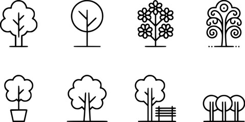 Various stylized trees and floral elements plant nature